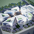 Modern Museum Building with Geometric Architectural Design and Purple Flower Gardens