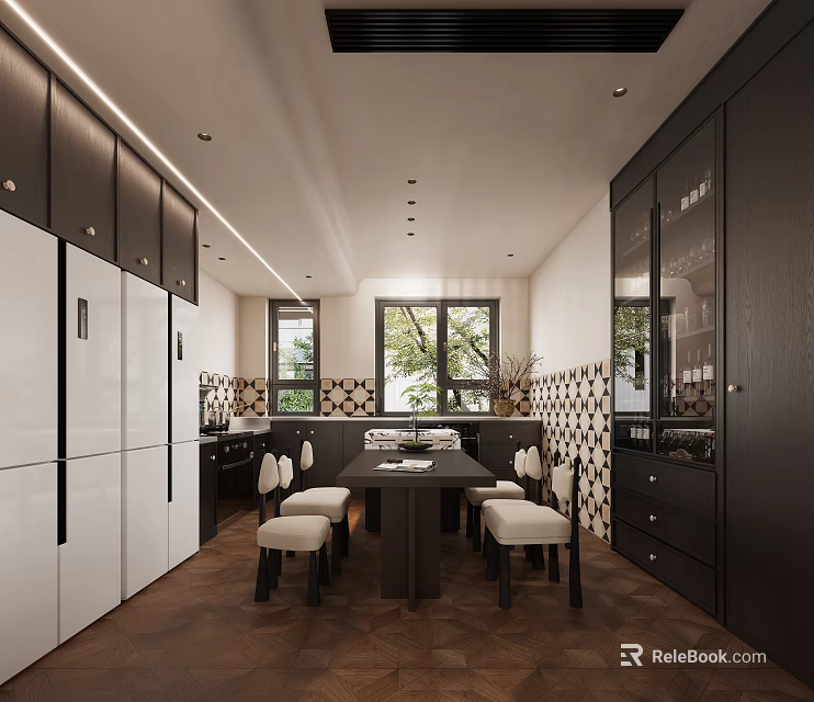 Modern Kitchen Interior With Black And White Cabinets Dining Table Chairs And Wooden Flooring 3d model 