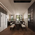 Modern Kitchen Interior With Black And White Cabinets Dining Table Chairs And Wooden Flooring