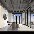 Modern Conference Room With Large Windows Round Table Chairs And Glass Partitions