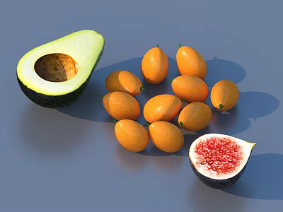 Fresh Halved Avocado Pile of Kumquats and Halved Fig on Blue Surface 3d model