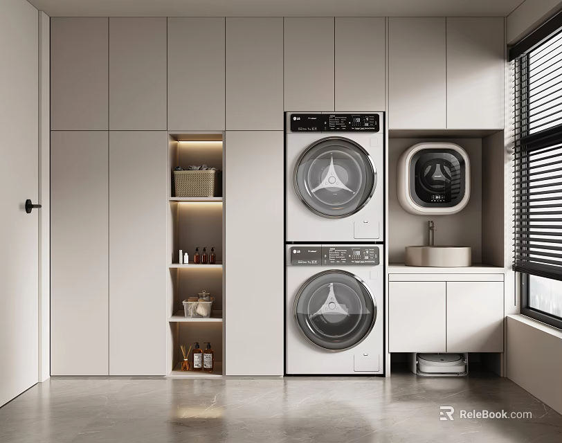 Modern Laundry Room With Stackable Washer Dryer White Cabinets And Storage Shelves 3d model 