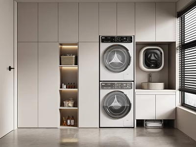 Modern Laundry Room With Stackable Washer Dryer White Cabinets And Storage Shelves 3d model