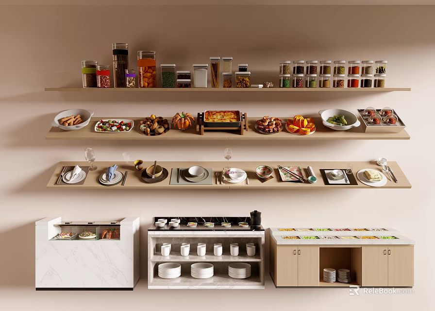 Organized Kitchen Food Storage With Shelves Jars Dishes Drawers And Various Food Items 3d model 