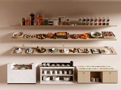 Organized Kitchen Food Storage With Shelves Jars Dishes Drawers And Various Food Items 3d model