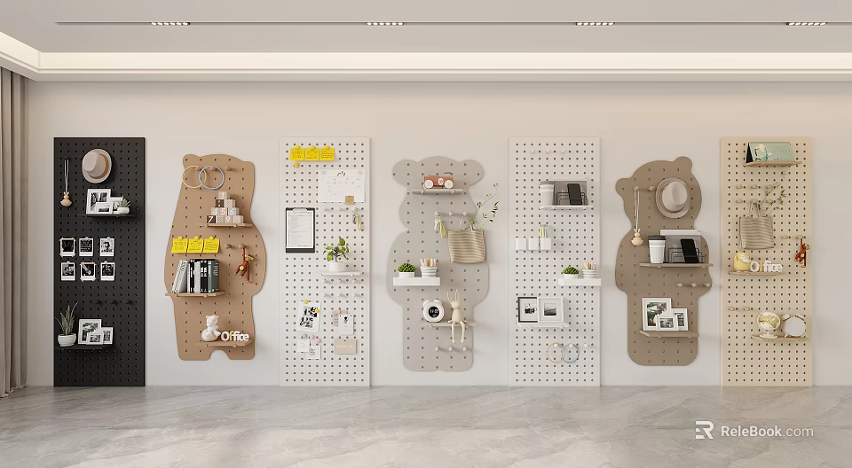 Modern Minimalist Wall Decor With Perforated Boards Bear Shapes And Books Plants Photo Frames 3d model 