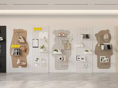 Modern Minimalist Wall Decor With Perforated Boards Bear Shapes And Books Plants Photo Frames 3d model