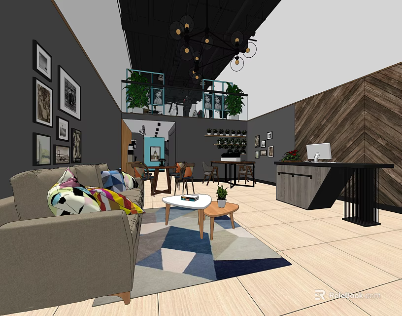 Modern Interior With Living Room Office Space Sofa Geometric Rug And Decorative Paintings 3d model 