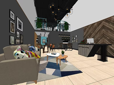 Modern Interior With Living Room Office Space Sofa Geometric Rug And Decorative Paintings 3d model