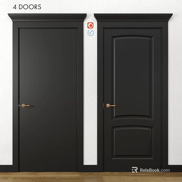 Stylish Black Hinged Doors With Minimalist And Paneled Designs Golden Handles White Wall Background 3d model 