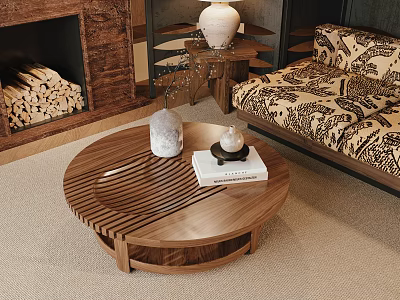 Round Wooden Coffee Table With Striped Design And Decorative Items In Living Room 3d model
