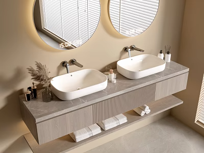 Modern Bathroom Vanity With Double Sinks Gray Countertop Round Mirrors And Storage 3d model