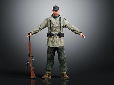Man Wearing Military Uniform and Cap Holding Rifle in Standing Pose Against Dark Background 3d model