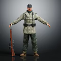 Man Wearing Military Uniform and Cap Holding Rifle in Standing Pose Against Dark Background