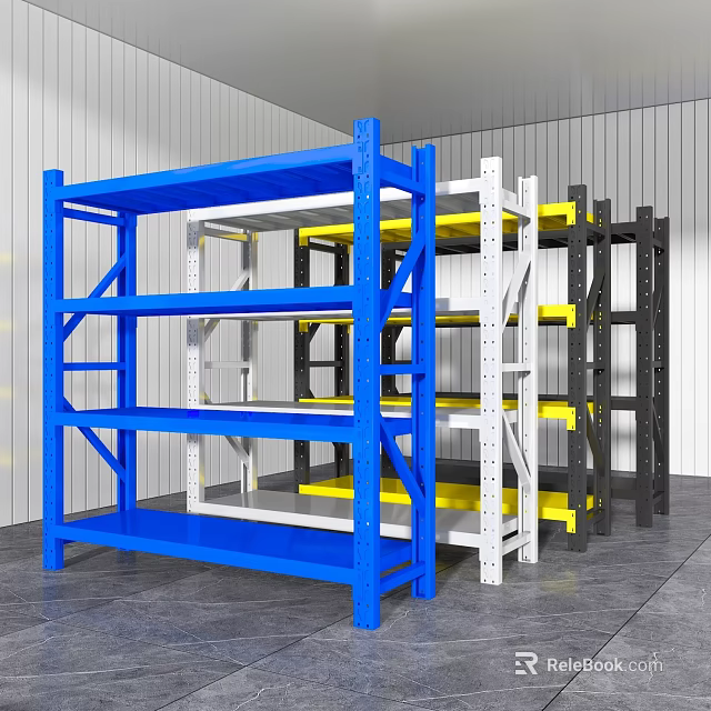 Industrial Storage Racks in Blue White Black and Yellow Multi Tier Design for Warehouse Organization 3d model 
