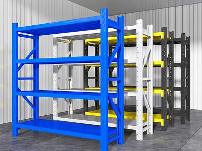 Industrial Storage Racks in Blue White Black and Yellow Multi Tier Design for Warehouse Organization 3d model