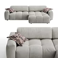 Gray L Shaped Tufted Sectional Sofa With Patterned Pillows And Soft Upholstery 3d model