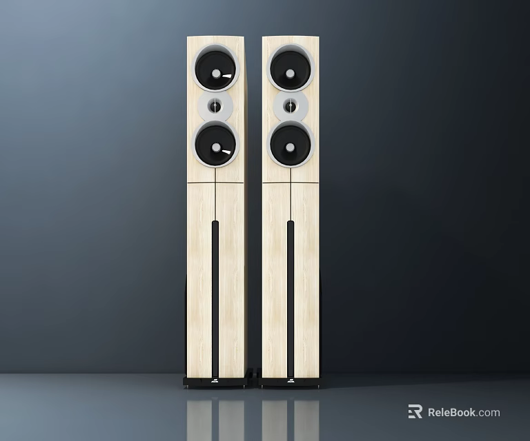 Two Modern Floor Standing Speakers With Wooden Finish And Black Drivers 3d model