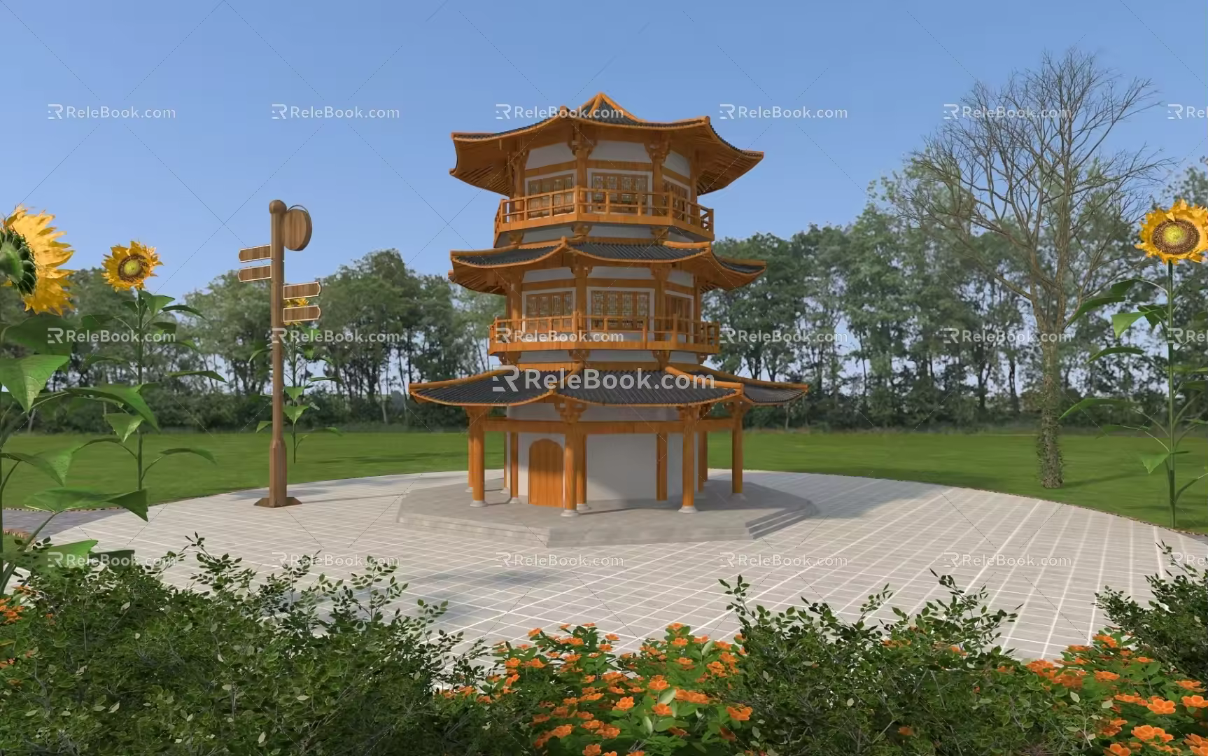 Chinese-style tower garden pavilion rest pavilion rest stool park signboard 3d model