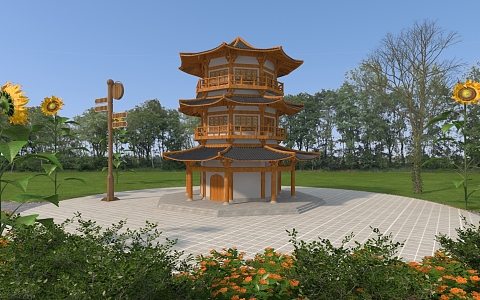 Chinese-style tower garden pavilion rest pavilion rest stool park signboard 3d model