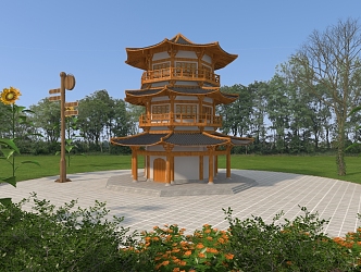 Chinese-style tower garden pavilion rest pavilion rest stool park signboard 3d model