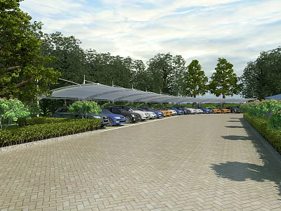Parking Lot With Canopy Shelters Neatly Arranged Cars Green Trees And Paved Surface 3d model