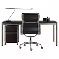 Modern Office Desk with Black Ergonomic Chair Metal Lamp and Pencil Holder