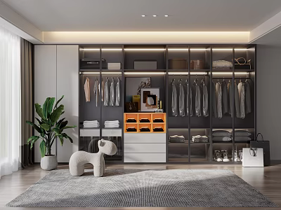 Modern Wardrobe Interior Design With Hanging Clothes Drawers Glass Doors And Decorative Plant 3d model