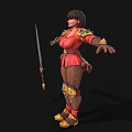 Woman Warrior in Red Outfit with Gold Armor Accents and Arms Outstretched Holding Sword