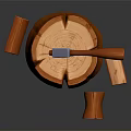 Wooden Stump Chopping Scene with Axe and Chopped Wood Pieces