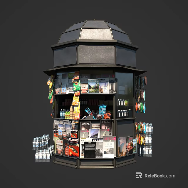 Modern Commercial Retail Kiosk With Multi Tier Glass Display Holding Snacks Drinks And Magazines 3d model 