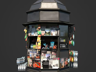 Modern Commercial Retail Kiosk With Multi Tier Glass Display Holding Snacks Drinks And Magazines 3d model
