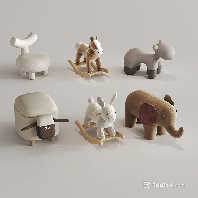 Cute Animal Shaped Kids Chairs With Rocking Horse And Plush Elephant Designs 3d model 