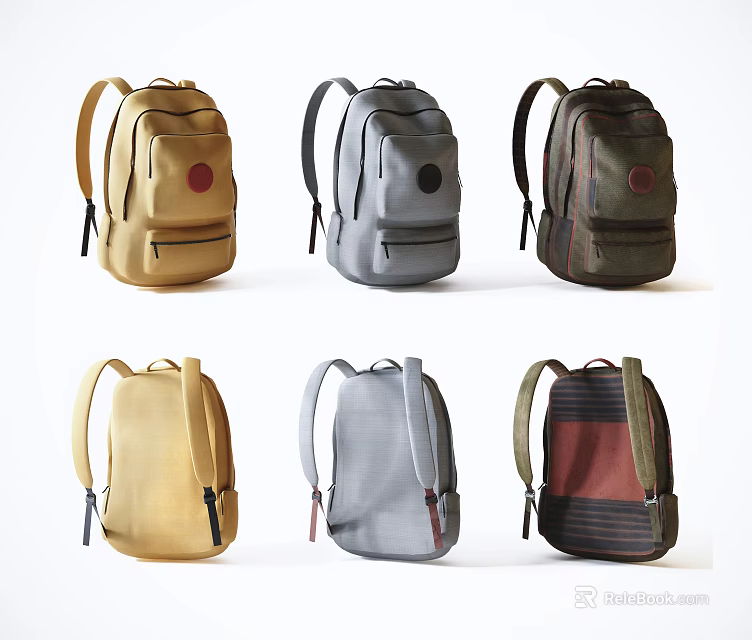 Assorted Colored Canvas Backpacks With Round Logo And Striped Design Straps 3d model 