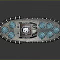 Leisure Water Vessel With Blue Umbrellas Seating Areas Lifebuoys And Control Cabin