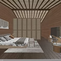 Hotel Room Interior Featuring Wooden Walls Ceiling Canopy Bed TV And Area Rug