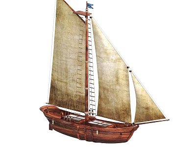 Wooden Sailing Boat Model With Beige Sails Mast And Wooden Hull 3d model