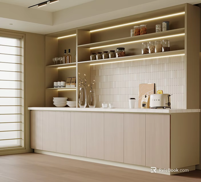 Modern Minimalist Kitchen Sideboard Featuring Open Shelves Jars Dishes And Tile Backsplash 3d model 