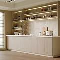 Modern Minimalist Kitchen Sideboard Featuring Open Shelves Jars Dishes And Tile Backsplash