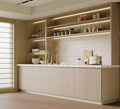 Modern Minimalist Kitchen Sideboard Featuring Open Shelves Jars Dishes And Tile Backsplash 3d model