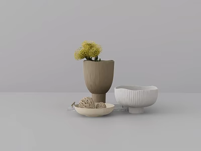 Decorative Ornament Set with Vase Yellow Flowers Bowls and Plate in Modern Neutral Tones 3d model