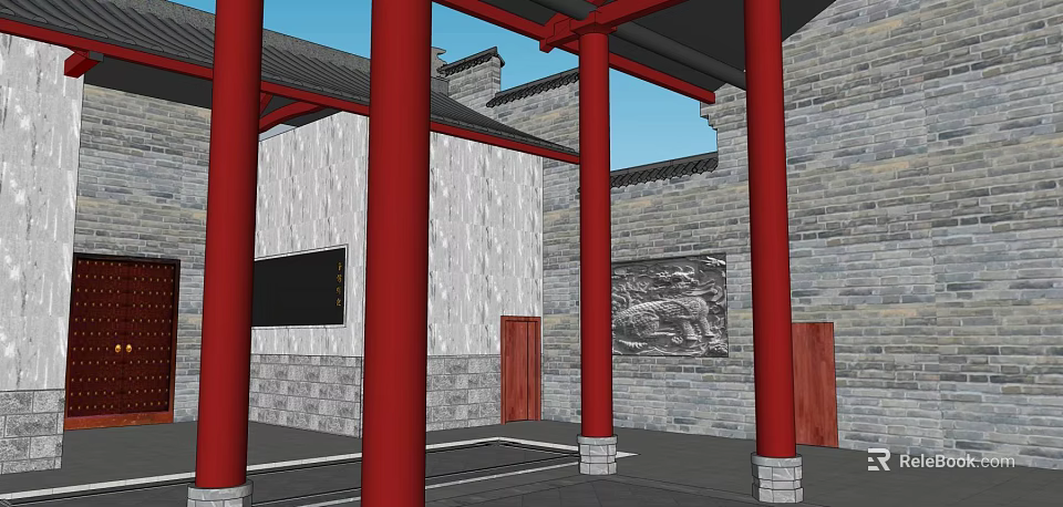 Ancient Architecture Featuring Red Pillars Gray Brick Walls And Stone Carving Details 3d model 