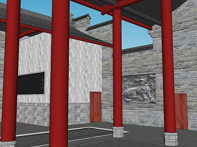Ancient Architecture Featuring Red Pillars Gray Brick Walls And Stone Carving Details 3d model