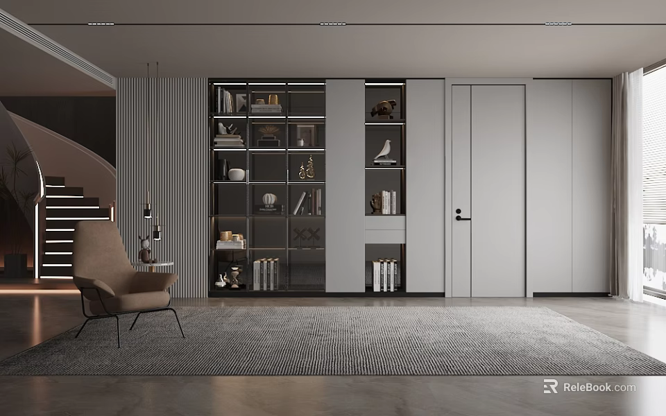 Modern Living Room Interior Design With Glass Door Bookshelf Brown Chair And Gray Rug 3d model 