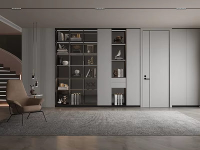 Modern Living Room Interior Design With Glass Door Bookshelf Brown Chair And Gray Rug 3d model