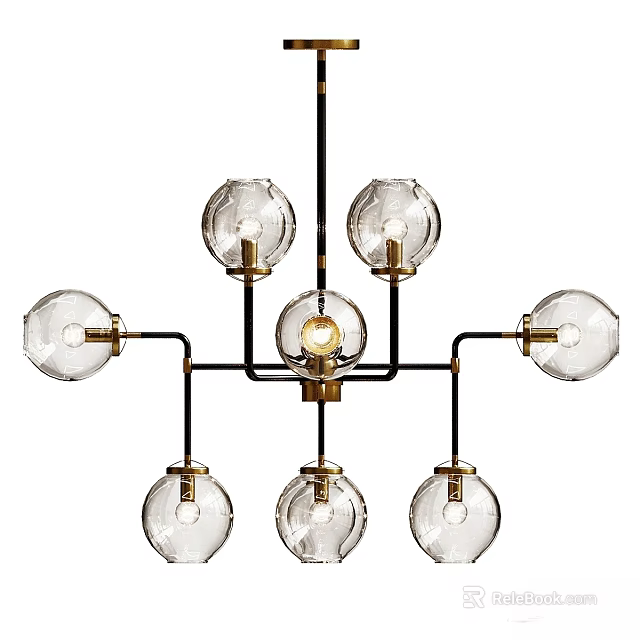 Modern Glass Globes Chandelier With Black Metal Frame And Brass Accents 3d model 
