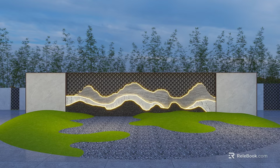 Outdoor Landscape Design With Wavy Lit Wall Green Lawn Gray Gravel And Background Trees 3d model 