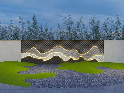 Outdoor Landscape Design With Wavy Lit Wall Green Lawn Gray Gravel And Background Trees 3d model
