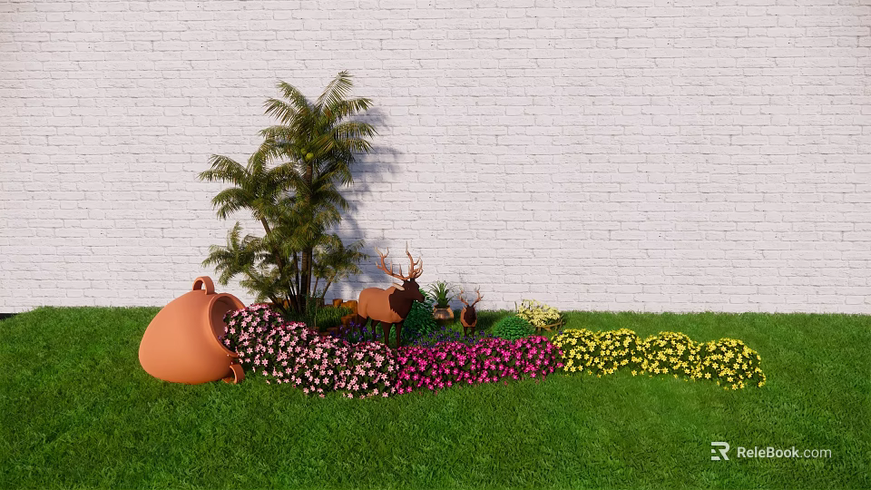Lush Flowering Shrubs With Clay Pot Deer Statues And Colorful Blooms On Green Grass Lawn 3d model 