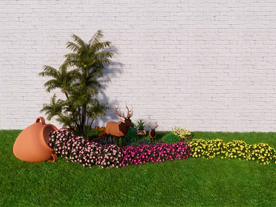 Lush Flowering Shrubs With Clay Pot Deer Statues And Colorful Blooms On Green Grass Lawn 3d model